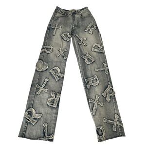 Racer Worldwide Denim Patchwork Jeans Size 26 Y2K Streetwear Goth Straight Leg